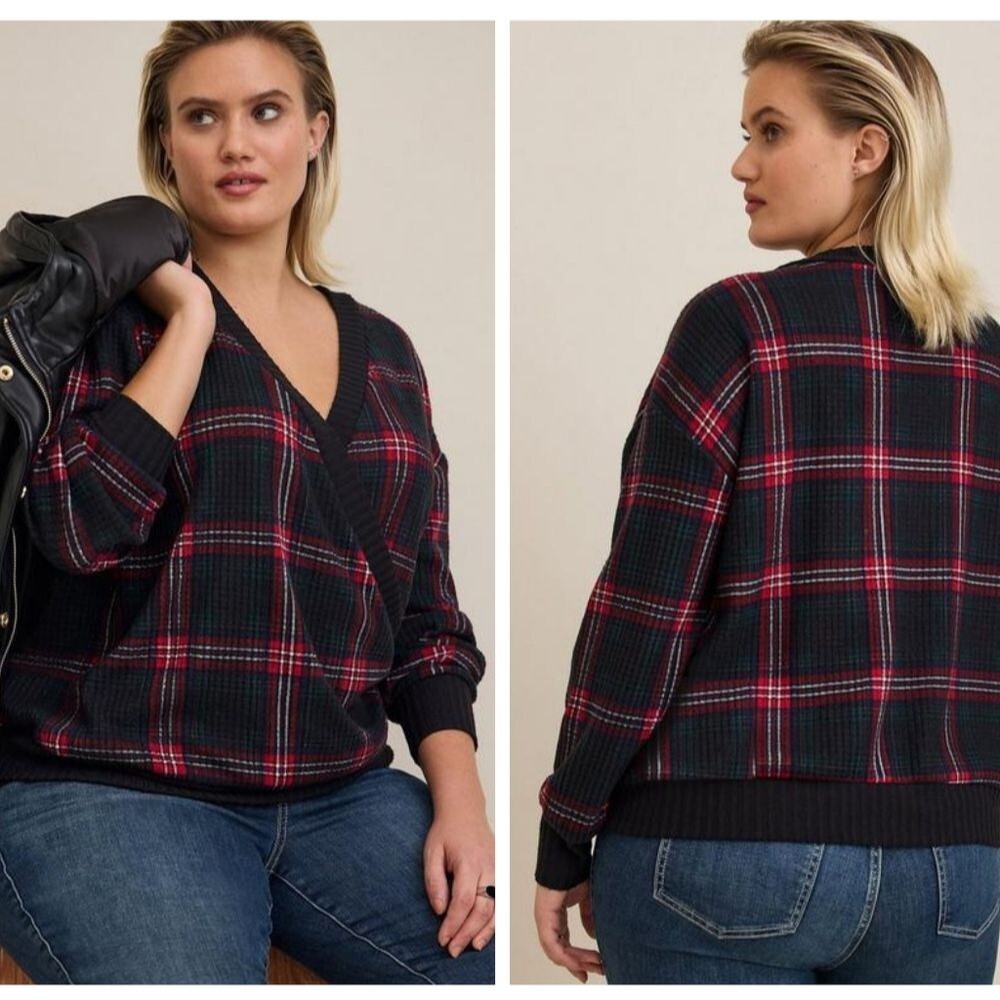 Women's Torrid Brushed Waffle Surplice Drop Shoulder Plaid Top, Size 1X